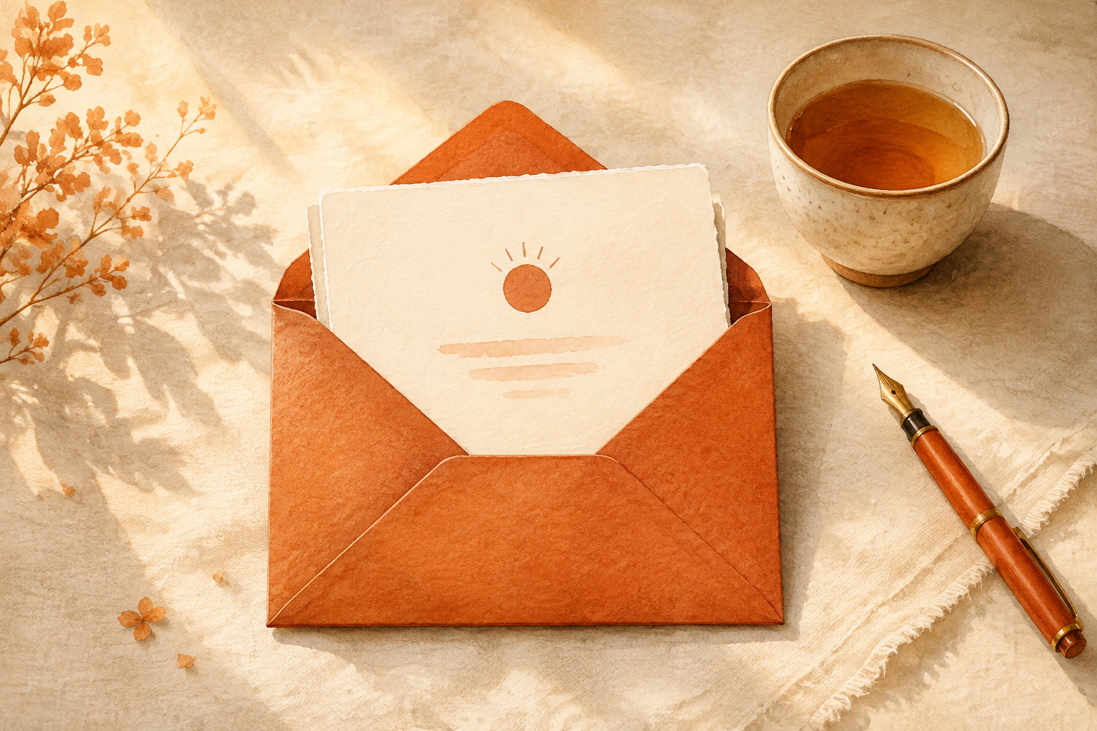 オレンジの封筒から届くレターと温かいお茶のイラスト